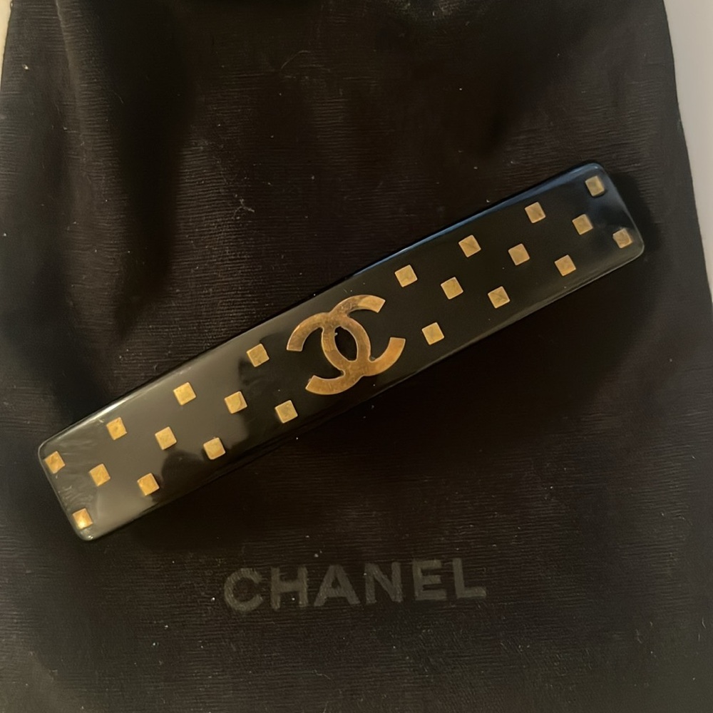 Chanel Black Hair Clip with Gold Chanel Logo and gold Accents